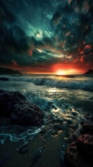 Fototapeta na wymiar a sunset over a body of water with rocks in the foreground, romanticism, violent stormy waters, red sun over paradise, turquoise ocean, generative ai
