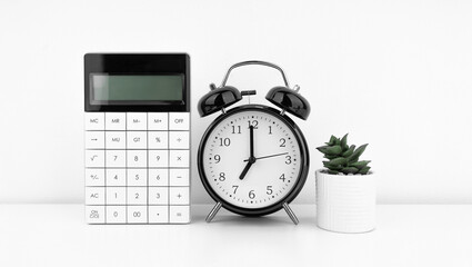 Black alarm clock with calculator against a white wall. Financial concept.