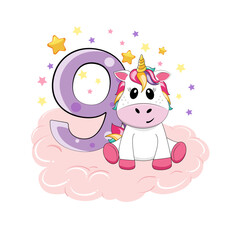 Obraz na płótnie Canvas Vector illustration. 9 birthday party invitation with cute unicorn. Happy birthday 9 year old