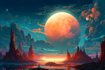 Fototapeta na wymiar Beautiful landscape under the moon. Generative AI