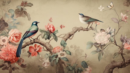 Two birds on a blooming branch with a butterfly made with generative AI tools