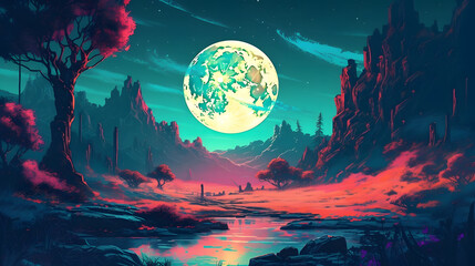Landscape under the moon, illustrationo. Generative AI