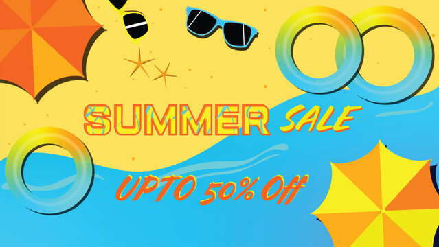 Summer sale vector with beachfront, sunglasses, swimrings ,Starfishes and umbrella shades. Perfect for banners, ads, covers, promotions, landing pages