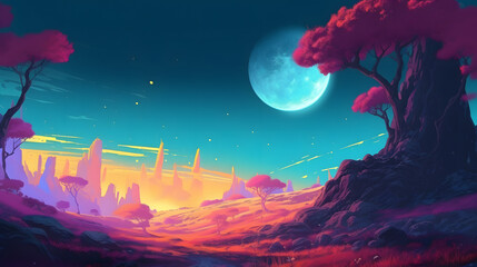 Fototapeta na wymiar Landscape under the moon, illustrationo. Generative AI