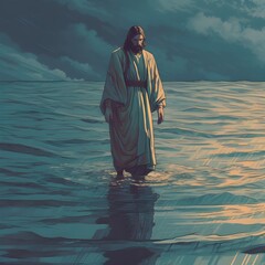 christ walking on water, jesus walk on water sea of galilee, lofi, lofi art style, generative ai