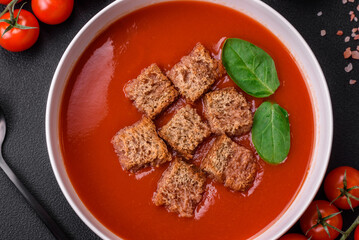 Delicious fresh gazpacho with breadcrumbs, salt and spices in a ceramic plate