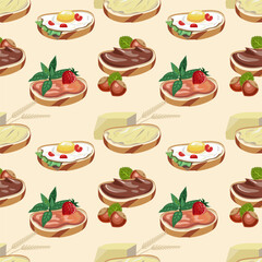 Set of options for sandwiches with butter, jam and chocolate on the piece of bread. Seamless pattern. Vector.