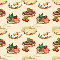 Set of options for sandwiches with butter, jam and chocolate on the piece of bread. Seamless pattern. Vector.