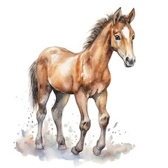 Obraz na płótnie Canvas Baby Horse watercolor with ink outline on white background, high detailed (generative AI)