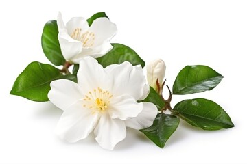 two white flowers with green leaves isolated on a white background Generative AI