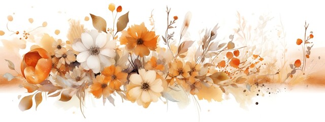 Obraz na płótnie Canvas Autimn flowers watercolor, generative ai image, wide beige boho background