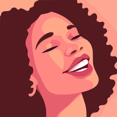 blissful expression; woman smiling with brown curly hair