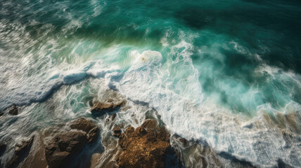 Top down shot of splashing white waves in the ocean. Generative AI
