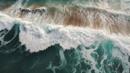 Fototapeta na wymiar Top down shot of splashing white waves in the ocean. Generative AI