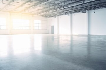an empty warehouse with natural light shining through the windows Generative AI