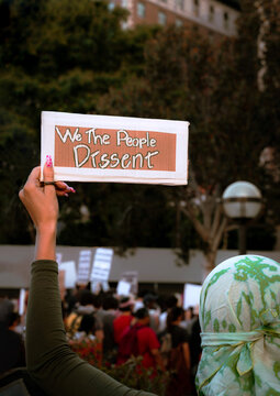 Activist Holds Sign that Reads "We the People Dissent" 