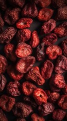 Organic Dried Strawberries Berry Photorealistic Vertical Background. Healthy Vegetarian Energy Snack. Ai Generated Lifelike Background with Delicious Chewy Dried Strawberries Berry. Generative AI