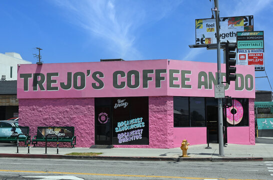 LOS ANGELES, CALIFORNIA - 12 MAY 2023: Trejos Coffee and Donuts, owned by actor Danny Trejo, on the corner of Santa Monica Boulevard and Highland Avenue.