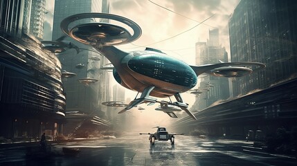 Futuristic future town with fly car. Generative AI