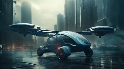 Futuristic future town with fly car. Generative AI