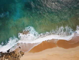 Ocean waves and sandy beach view. AI generated image.