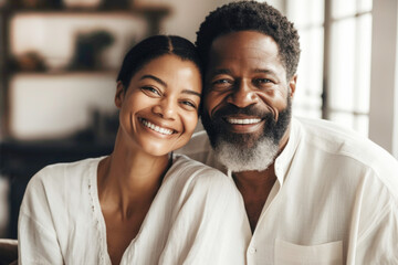 Portrait of happy mature Black couple at home. Generative AI.