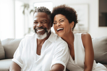 Portrait of happy mature successful Black couple laughing together at home.