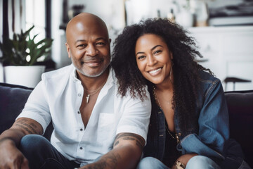 Portrait of happy wealthy mature Black couple at home. Generative AI.