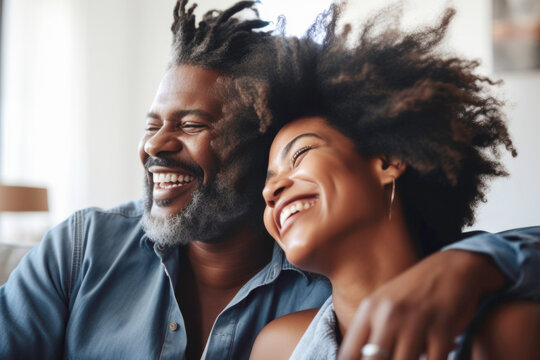 Portrait of happy Black couple laughing together at home. Generative AI.
