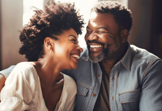 Portrait of happy Black couple laughing and connecting together. Generative AI.