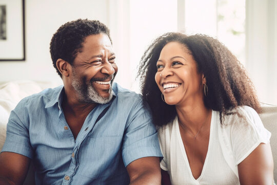 Portrait of happy Black couple laughing and connecting together at home. Generative AI.