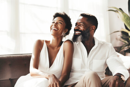 Portrait of mature successful Black couple laughing in luxury home. Generative AI.