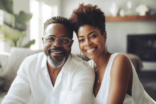 Portrait of happy wealthy mature Black couple in luxury home. Generative AI.