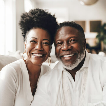 Portrait of happy mature Black couple in luxury home. Generative AI.