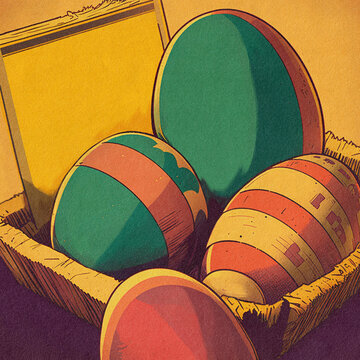 Basket With Easter Eggs Retro Illustration