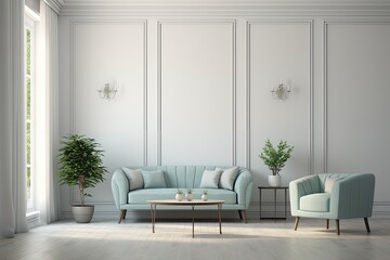cozy living room with a blue couch and two chairs Generative AI