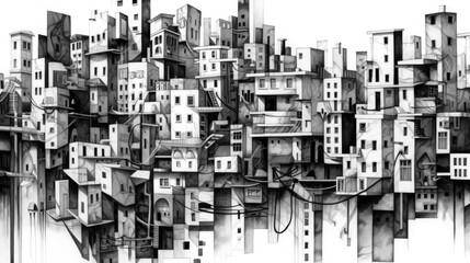 Black and white line drawing of city Modern abstract geometric art of buildings. Illustration for banner, poster, cover, brochure or presentation Generative AI.