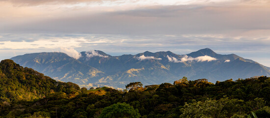 Dramatic cloud mountain range with sunset light in Costa Rica 