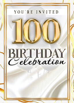 100th White and Gold Birthday Celebration Invitation Template Design