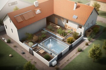 Serenity and Style Unite: Captivating Illustration of a Luxurious House, Complete with Pool and Lush Garden, Perfect for Tranquil Living