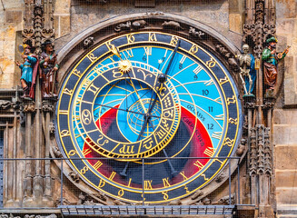 Fototapeta na wymiar Prague astronomical clock (Orloj) on City Hall tower, Czech Republic