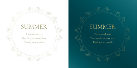 素材_フレームのセット_太陽と海と空をモチーフにした夏の飾り枠。ゴールドの高級感ある囲みのデザイン