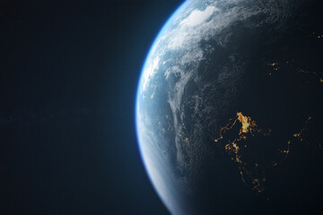 Cinematic scene of planet earth globe on starry space background.
