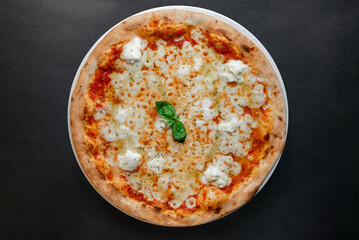 Pizza top view on dark background