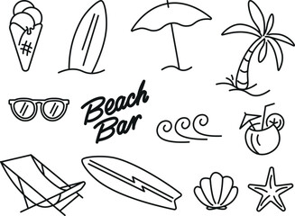 A colorful set of line art flat icons for summer vacation beach projects 