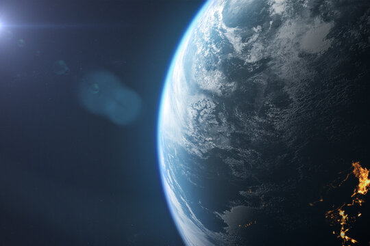 Cinematic scene of planet earth globe on starry space background.