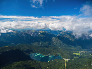 Aerial view of the lake Eibsee and Garmisch-Partenkirchen as seen from the summit of Zugspitze...