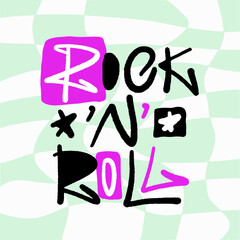 Graffiti slogan of Rock'n'roll. Glam punk artwork design with spray texture. Lettering on chessboard pattern for banner, decoration, street art and ads. Nostalgia for 1990s - 2000s.