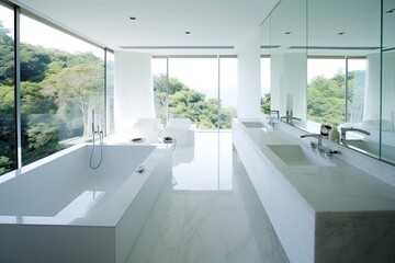 Obraz na płótnie Canvas luxurious bathroom with a spacious bathtub and scenic window view Generative AI