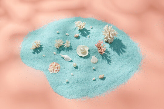 Composition with sea shells and starfish on sand.